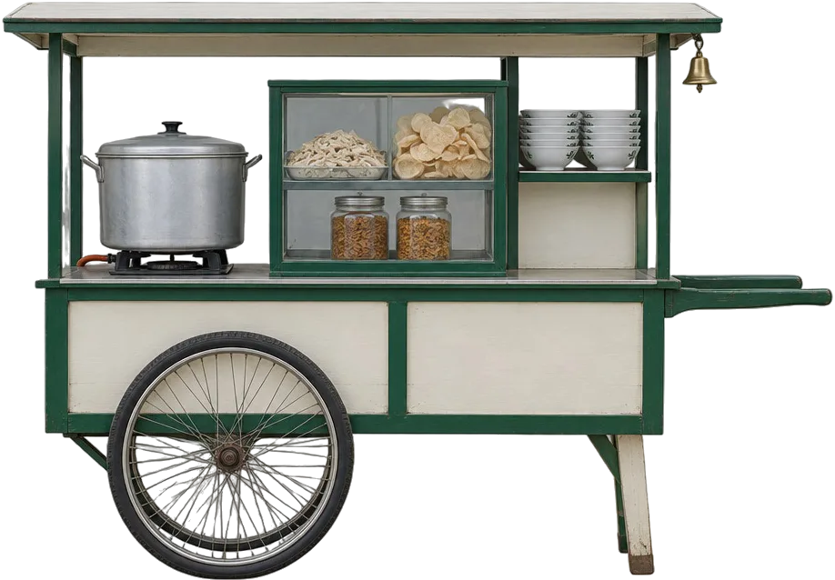 Gerobak bubur ayam putih gading berbingkai hijau tua: panci aluminium besar di atas kompor, etalase kaca berisi suwiran ayam dan kerupuk, rak mangkuk, lonceng kuningan di sudut atap.