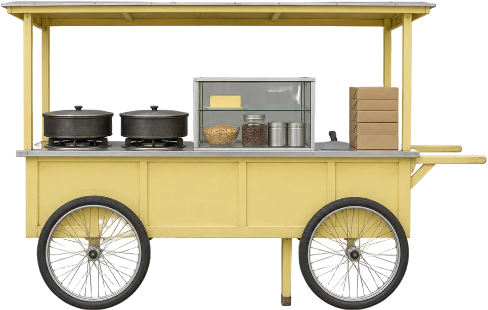 Gerobak martabak kuning beroda empat: dua loyang besi bertutup di atas kompor, etalase kaca berisi mentega, kacang dan meses, tumpukan kardus polos.
