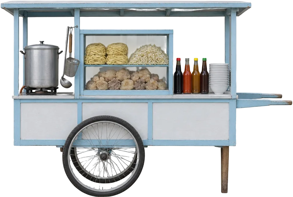 Gerobak mi kocok putih bergaris biru muda: panci kaldu tinggi, saringan mi, etalase berisi mi kuning, taoge dan kikil, botol saus, tumpukan mangkuk.