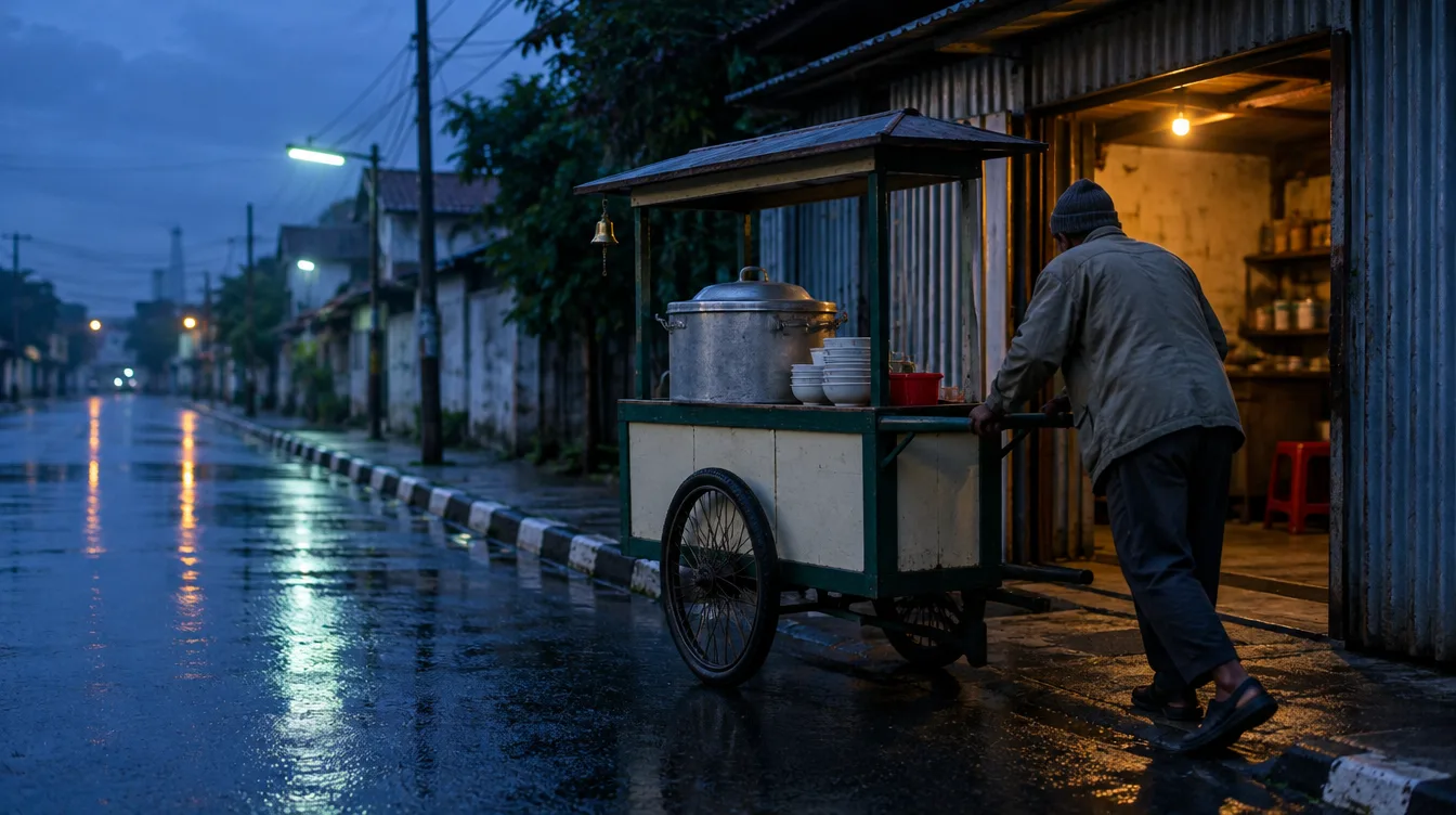 Sebelum matahari terbit, seorang penjual mendorong gerobak bubur putih hijau keluar dari garasi seng ke jalan basah bertrotoar belang.