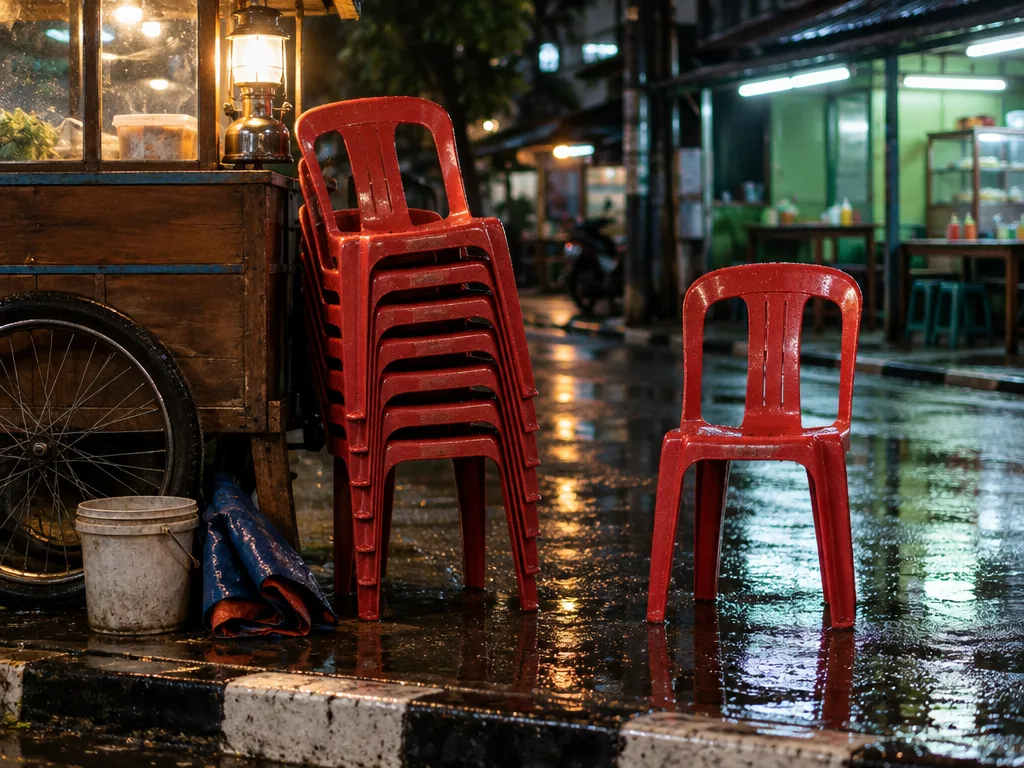 Tumpukan kursi plastik merah di trotoar basah di samping roda gerobak, satu kursi berdiri sendiri.
