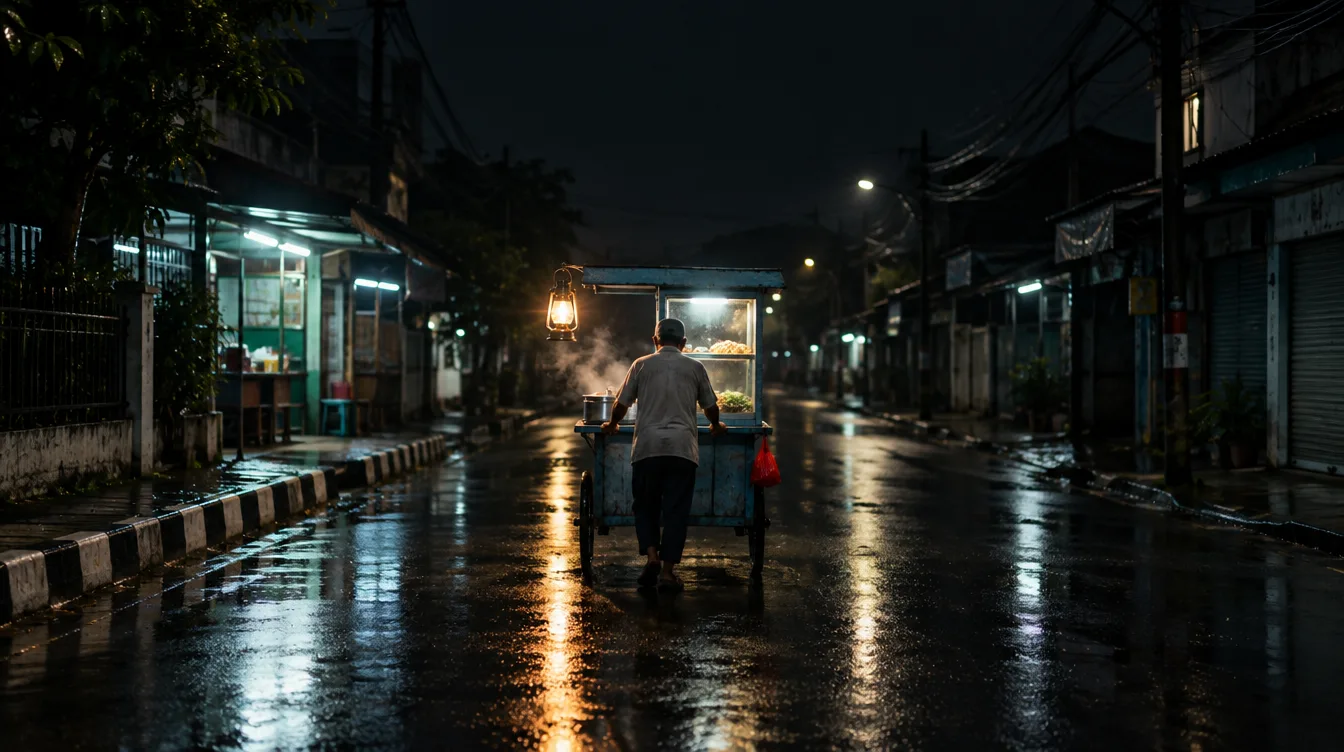 Seorang penjual mendorong gerobak biru berlampu di tengah jalan basah pada malam hari, dilihat dari belakang.