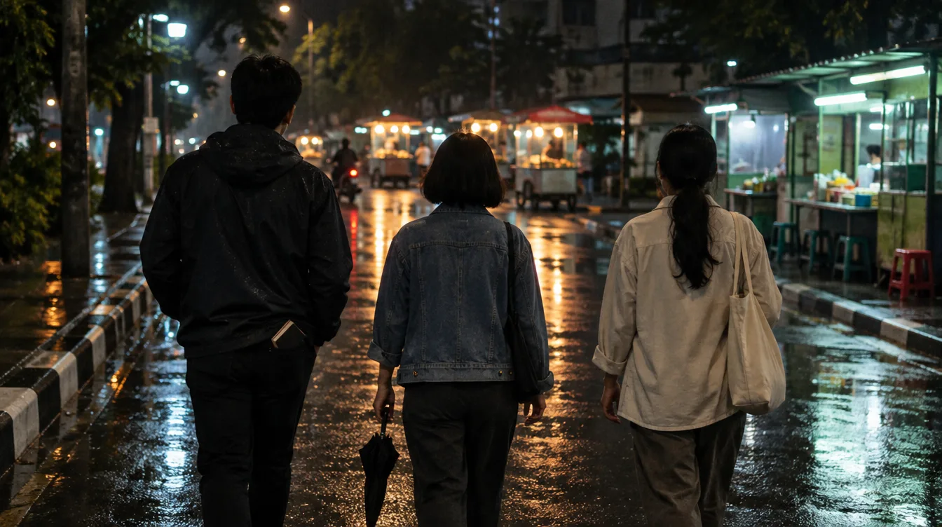 Tiga orang dari belakang berjalan berdampingan di jalan basah pada malam hari menuju deretan gerobak yang menyala.