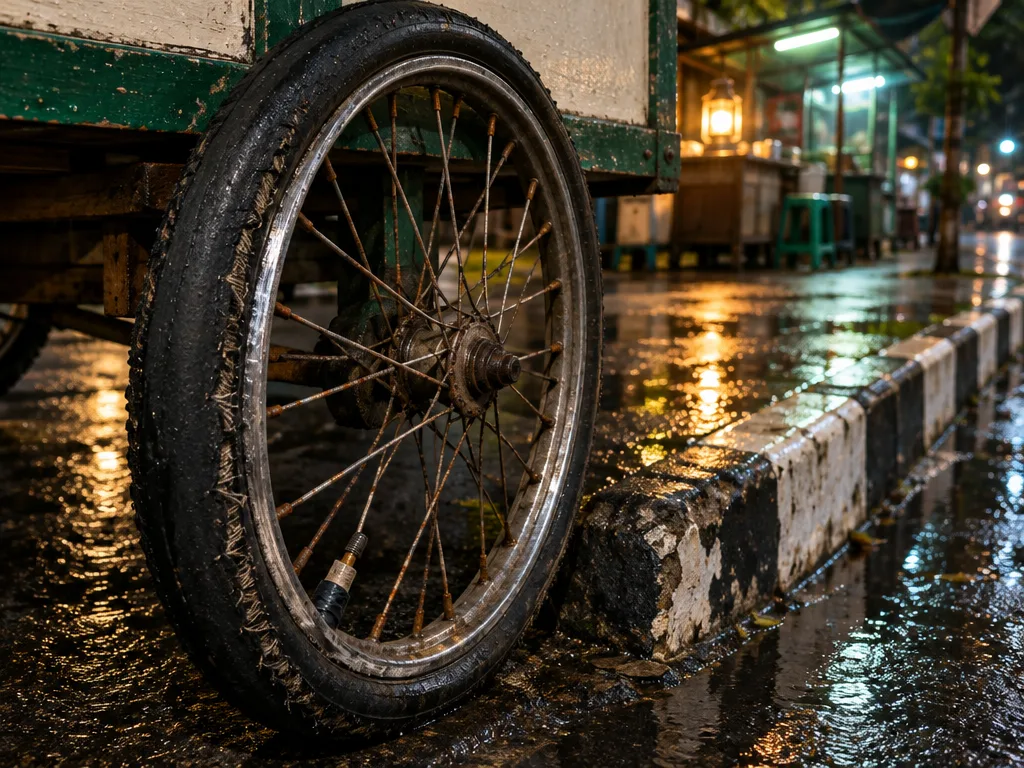 Roda kiri gerobak di aspal basah, bannya gundul dan berserabut, pelek tergores, di samping trotoar belang hitam putih.